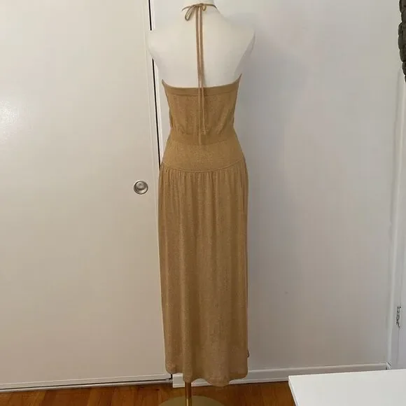 BCBG Gold Metallic Sweater Knit Halter Midi Dress Size Large - Picture 6 of 13